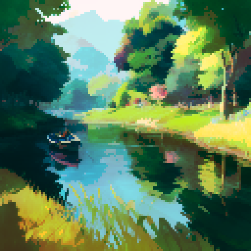 Lakeside scenery, summer day, lots of greenery, fantasy