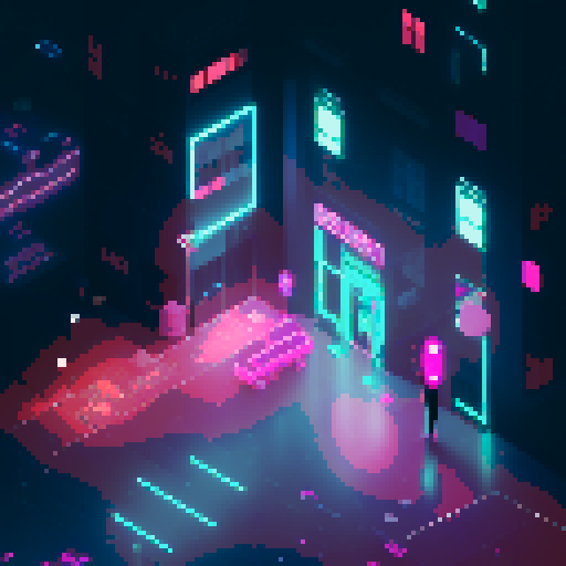 hacker girl, lonely rainy day, glowing neon codes, flickering screens, vibrant pixelated cityscape, futuristic attire, headphones, city lights reflecting on wet pavement