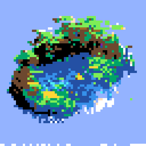 yellow duck in a pond, surrounded by lush greenery and reflecting sunlight in a serene pond with shimmering ripples and pixelated waves, creating a tranquil atmosphere in a picturesque landscape with vibrant colors using intricate pixel art in the sRGB palette