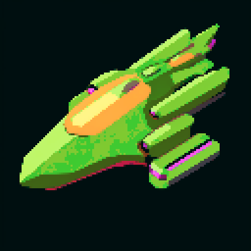 Green spaceship, retro, low resolution, vibrant colors, geometric shapes, angular design, glowing thrusters, metallic finish, cosmic atmosphere, sci-fi aesthetic, futuristic, extraterrestrial, otherworldly, nostalgic, video game-inspired, little colors