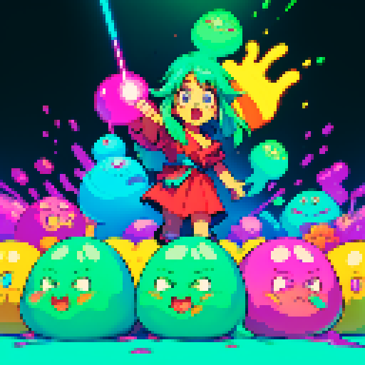 slime spray, vibrant colors, dripping texture, retro video game, pixelated blobs, glowing neon, digital art, sRGB