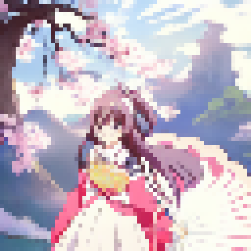 Anime-style beautiful girl with voluptuous breasts surrounded by cherry blossom trees, holding a fan and wearing a flowing yukata.