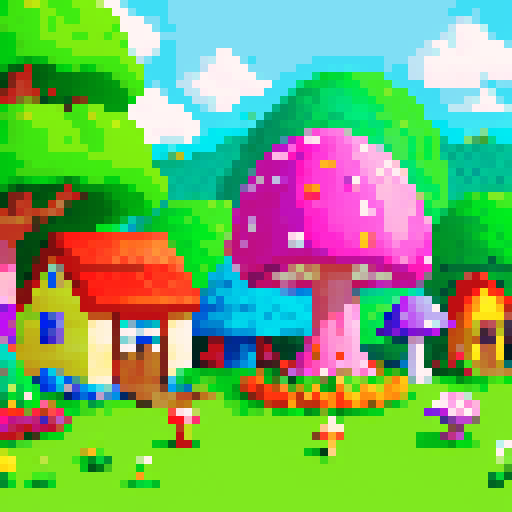 pixel art landscape with tall, vibrant trees, whimsical mushrooms, cozy houses, and colorful flowers