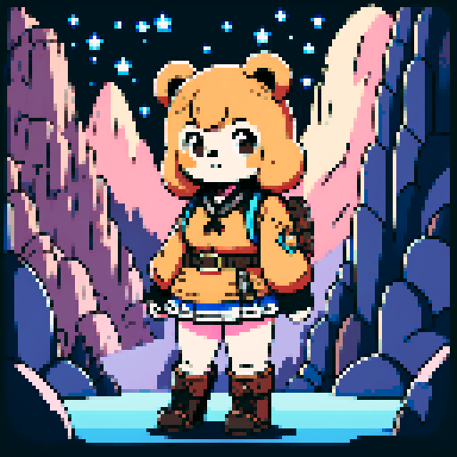 A graphic depiction of a chubby puffy bear in retro 1995 anime style, chibi form, half body, with expressive black eyes and brown fur, styled with long twin pigtails. Wearing magical clothes with intricate belts and patches. Background of a wild magic night with a dark waterfall and bright stars. Created Using: classic anime aesthetics, detailed magical garments, enchanting night setting, vivid portrayal, star reflections, dynamic composition, hd quality --ar 2:3 --v 6.0 niji