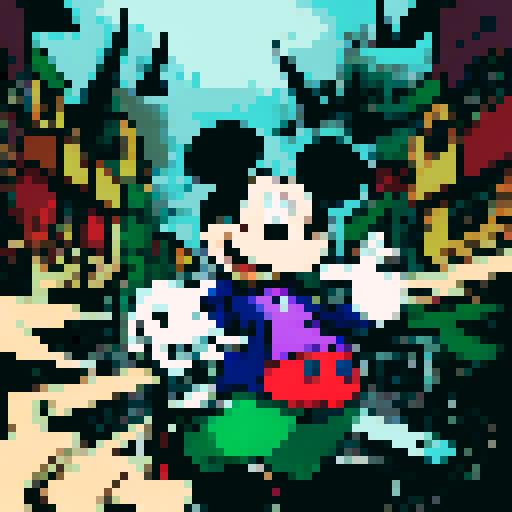 mickey mouse, purple hoodie sweatshirt, green pants, green gloves, character portrait, close up, anime style, smoking joint, pixel art