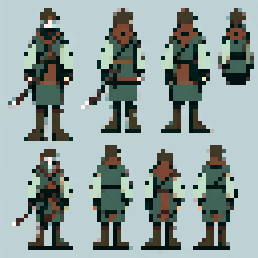 Medieval 13th-century Finnish character, 64x64 pixel sprite, simple tunic, belted waist, fur footwear from hides, cords, natural earthy tones, rugged survival setting, visually expressive at low resolution, neutral front-facing pose, character portrait, close up, anime style, pixel art