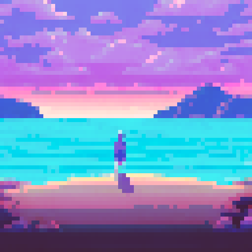 Figure standing, sandy beach, calm ocean, endless horizon, serene atmosphere, warm sunlight, gentle waves, peaceful reflection, soft colors, sweeping vistas, vast expanse, tranquil beauty, minimalist composition, balanced elements, subtle textures, natural harmony, ethereal glow, serene mood