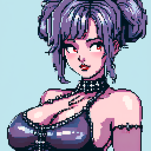 curvy, busty cute goth babe with studded collar, big titty goth wearing studded leather halter top. Large breasts. hair in buns. close up portrait, pixel art, sRGB