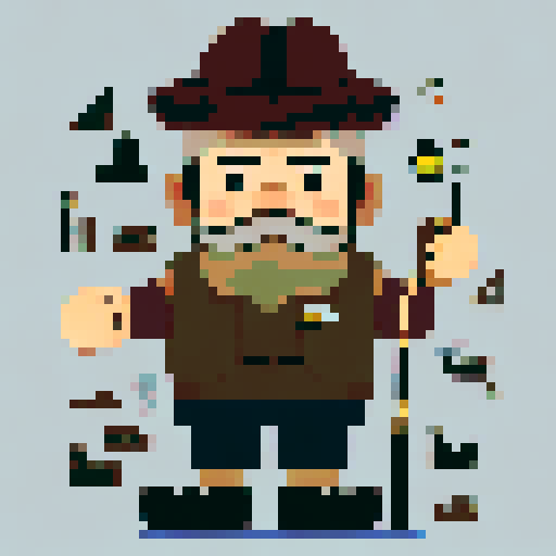 Fisherman grandpa, weathered face, wrinkled skin, salt and pepper beard, intense gaze, bushy eyebrows, fishing hat, worn-out fishing vest, suspenders, pipe in mouth, fishing rod in hand, anime-style, pixel art