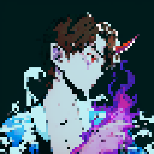 Demon boy with blue vest and purple hands