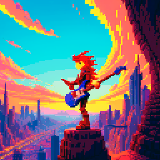 rock guitarist, dragon rider, fiery sky, futuristic city, guitar sword, pixel art, sRGB