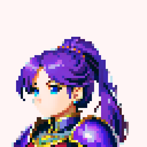 Fire emblem character, intricate armor details, 32x32 pixel art, sRGB, game icon, skill art, close up, portrait, teenage princess, blue ponytail, purple armor