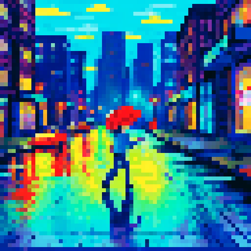 boy with messy hair, strumming guitar, raindrops falling, colorful umbrella, puddles reflecting neon lights, city skyline in the distance, buildings with pixelated windows, wet pavement shimmering, streetlights casting long shadows