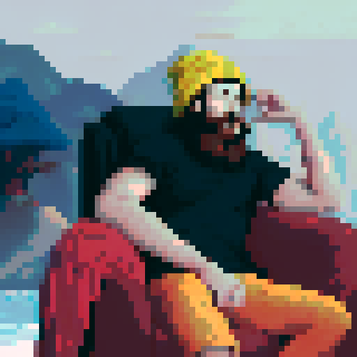crazy long brown hair, cool guy thinking in his chair, pixel art, sRGB, small room landscape, yellow beanie hat, scratching his chin, pixelated backdrop, vibrant colors