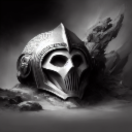 Medieval warrior's hollow helmet, black and white, embellished with intricate designs, emanating an eerie aura, set in a mystical fantasy world.