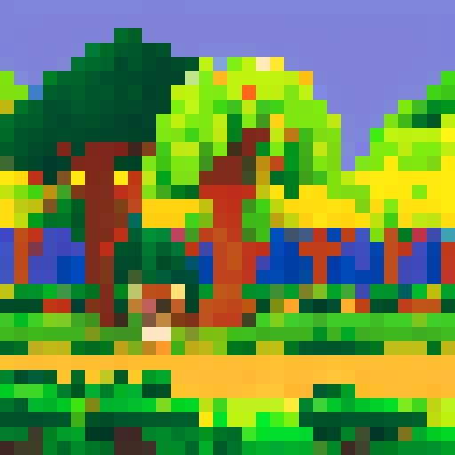 a cute jaguar in the forest. the scenery have two big trees, one at each side. the sky have a bright yellow sun