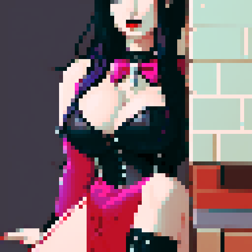 curvy, busty goth woman, black hair, purple eyeshadow, red lipstick, studded leather collar, corset, vibrant sega genesis color palette, pixel art brick wall