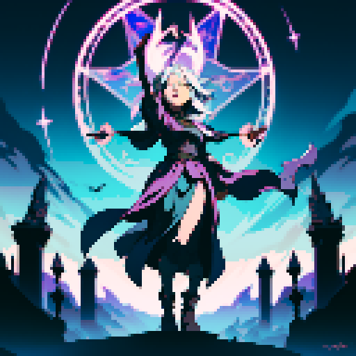 full-body image, sorceress facing right, sorceress ready to fight, evil sorceress, floating, arms out, magic circles, magic power, spell, evil sorceress, evil witch, magic symbols, ultimecia, final fantasy, sRGB, pixel art, evil outfit