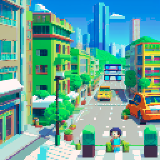 TokiToki City, bustling streets, vibrant skyscrapers, 8-bit cars, sRGB colors, digital art,Mountains,Hyperbolic Time chamber