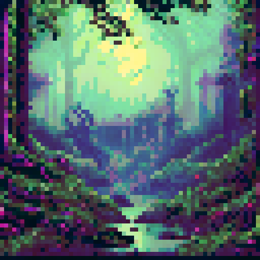 Towering trees, twisted roots, and moonlit mist shroud the eerie, foreboding forest in a pixelated masterpiece of sRGB landscape art