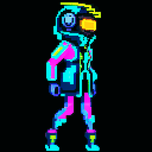cyberpunk space trader sprite, pixel art, futuristic design, cybernetic arm with intricate detailing, glowing yellow-orange visor over the eyes, trench coat with glowing lines, blue and teal color palette with neon pink and yellow accents, distinct sci-fi aesthetic, confident posture, mid-step left first with arms extended