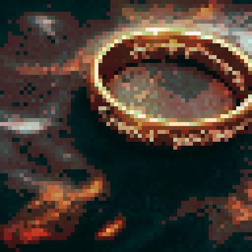 A golden ring with bright yellow text surrounding it, resting on a stone floor