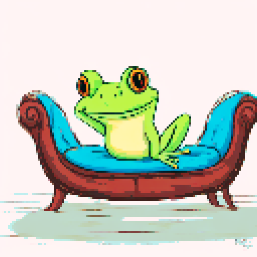 In the cozy ambiance of a dimly lit room, a small, jovial frog perches comfortably upon a plush couch chair, its diminutive size emphasized by the vastness of the furniture. The flickering flames of a nearby fireplace cast a warm glow, enveloping the space in a soft, golden light, creating an atmosphere of comfort and relaxation. With a mug clasped delicately between its tiny webbed fingers, the contented frog takes a sip of steaming coffee, its expression reflecting pure bliss.