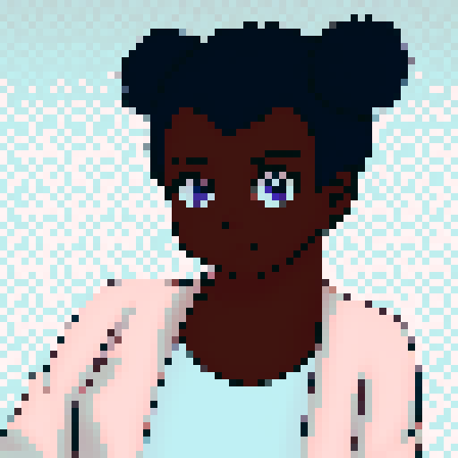 Teenage black girl with navy blue hair and purple eyes