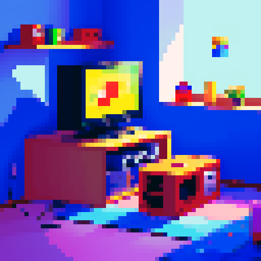 n64 game console, cozy room, cabin on screen, "start", red solo cup, pixel art, sRGB