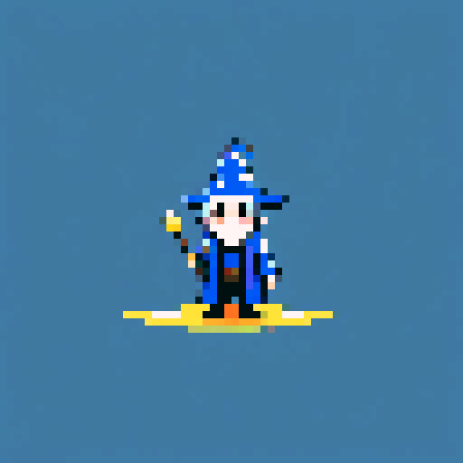 Create a pixel art character of a whimsical wizard . The wizard should wear a blue robe covered with yellow stars and a matching pointy hat. He should have a playful grin
