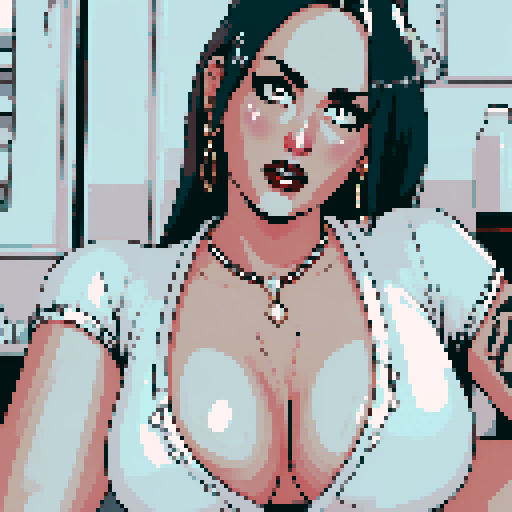 curvy, busty goth babe with studded halter top. Hair in buns.  big titty goth, in a close up nude glamour shot. modern tile backsplash.