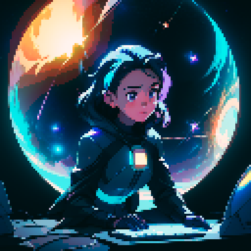Starry space background, pixel art, glowing stars, retro-inspired, twinkling constellations, illuminated planets, cosmic hues, immersive depth, landscape with a computer terminal displaying "Stardust Reflections" and the main character's reflection on the screen