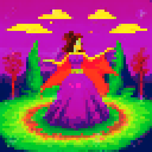 Andalusian gypsy girl, Candela, swirling in a pixel art flamenco dress as she dances the Ritual Fire Dance, surrounded by a vibrant sRGB campfire, with her ghost husband hovering over the campfire