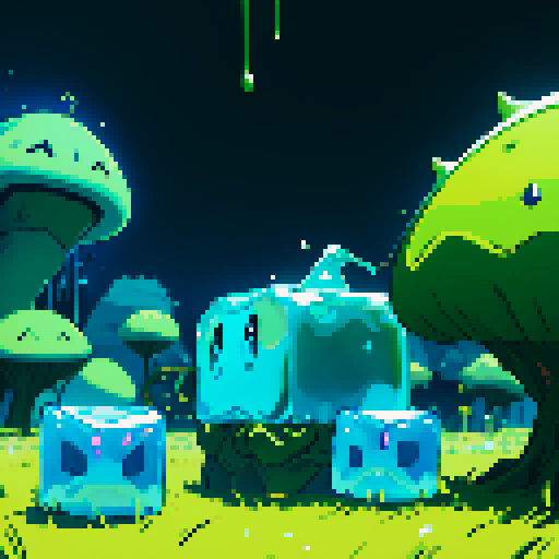 Blue Slime cube, Gelatinous cube, giant Slime, boss fight, grasslands