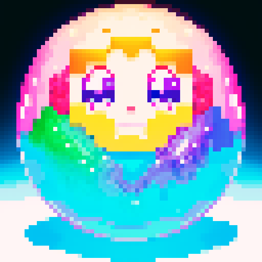 sparkling, semi-transparent slime with a crystalline structure, shimmering facets, bright eyes, cheerful smile, light reflecting inside, pixel art, sRGB