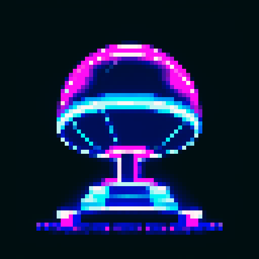 silver ufo, neon glowing, retro pixel art, night sky hovering, light beams shooting, vibrant sRGB colors, pixel art, sRGB,viewed from below at a diagonal angle