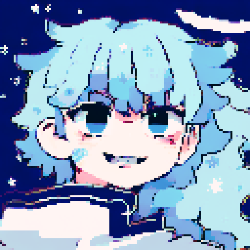 Lunar priestess with navy blue hair adorned with glowing stars, gazing directly at the viewer with piercing silver eyes, wearing a flowing midnight blue robe with a crescent moon embroidered on the hem, rendered in a pixel art anime portrait style.