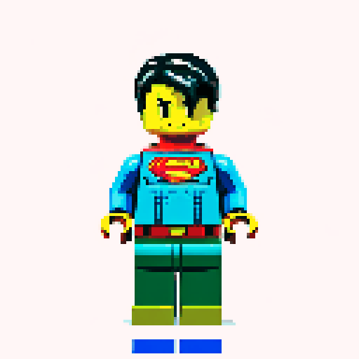 superman flying, vibrant pixelated red and blue costume, blocky lego-like figure, retro video game-inspired artwork, bold primary colors, sRGB color space