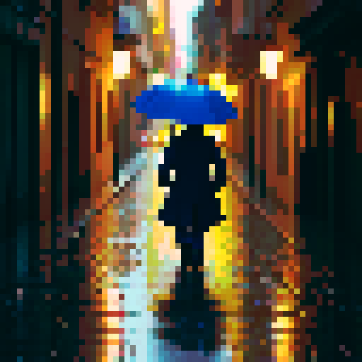 A man walking in the rain down a well lit street. 