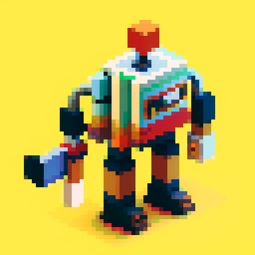 robot woodcutter with axe, caterpillar legs replaced by axe, vibrant colors, blocky shapes, retro video game aesthetic, 8-bit graphics, sharp lines, limited color palette: pixel art