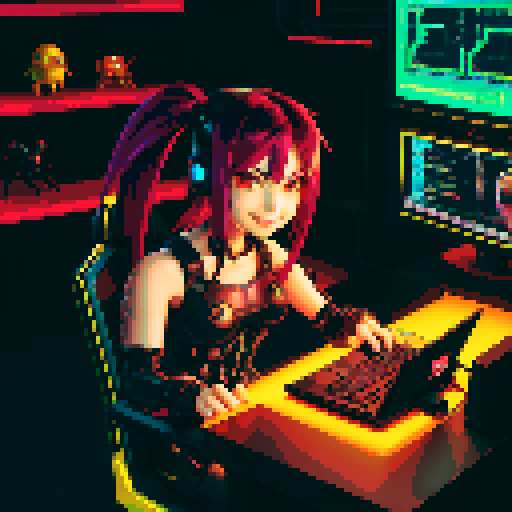 cute cyberpunk scorpion with human head, human head is from anime inspired character with vibrant hair, expressive eyes, and a playful smile, scorpion is playing computer games, tables with potato chips and coca cola, scorpion's tail should be fully in the picture