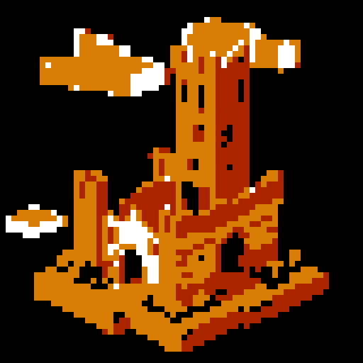 crumbling brick and copper tower seen from a head-on 2d flat perspective. Simple style, thick black lines, white background.