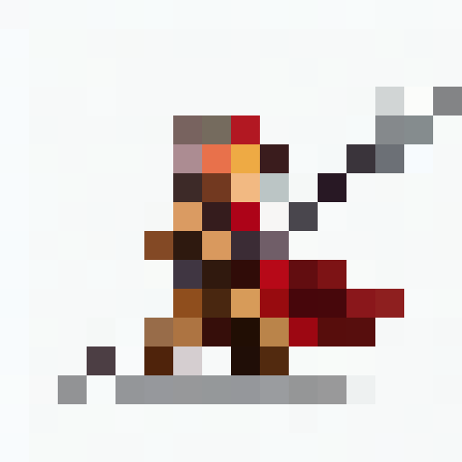 Flaming lance held high, fierce hero charges forward with determined eyes, surrounded by vibrant flames, in 16x16 pixel art style for a game icon close-up portrait