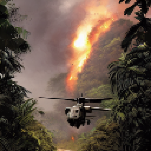 Explosions, helicopters, jungle foliage, and Rambo in a classic comic book style.