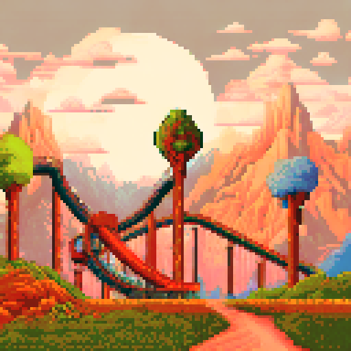 roller coaster, vibrant colors, looping tracks, steep drops, excited riders, towering mountains, lush forests, sparkling lakes, pixelated sky, retro charm, nostalgic vibes, pixel art landscape, sRGB palette, dynamic movement, thrilling twists, adrenaline rush, joyful screams, pixelated trees, detailed scenery, immersive experience, intricate pixel work, vibrant background, dreamlike atmosphere