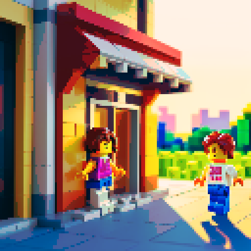 On a summer evening, under the setting sun, the breeze blew the leaves and fell. A cute girl with short hair held the hand of a boy. They were about to enter the store. The store's logo said Lego.
