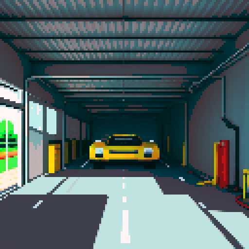 Large open garage for cars, grey, asphalt, tools, auto parts. Cars are being repaired inside, pixel art