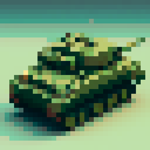 tank, pixelated, armored, green, cannon, tracked, military, retro, game asset, icon, battle-ready, compact, powerful, detailed, top-down, miniature, combat vehicle