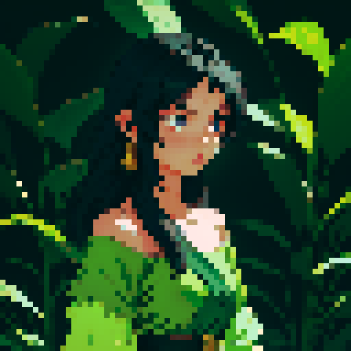 Young woman, black hair, long hair, green costume, Thai costume, open shoulder costume, night time, banana forest background, dark background