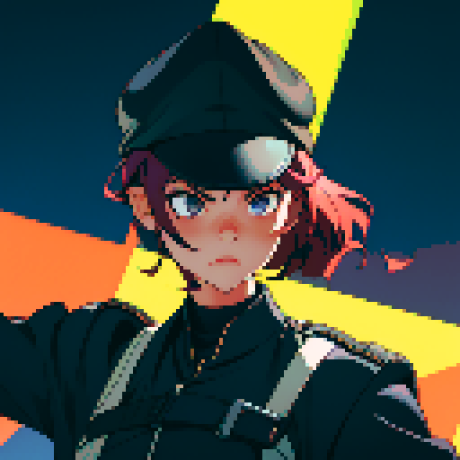 muscle girl, female, thick biceps, exaggerated proportions, black military uniform, black hat, military backdrop, sRGB, pixel art